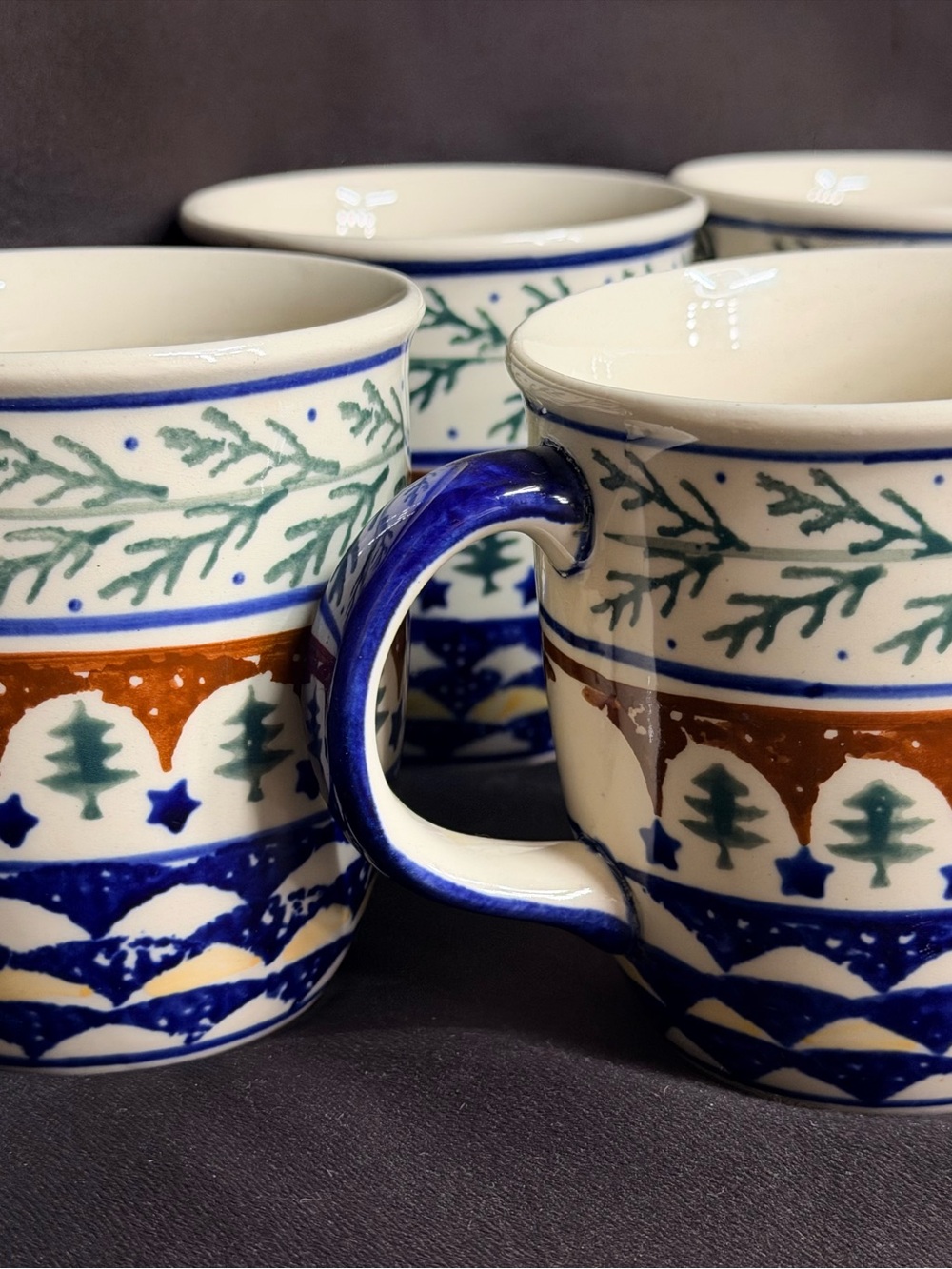 Polish Pottery Mugs set of 6 with Blue Handles and Festive Tree Pattern - Picture 4 of 10